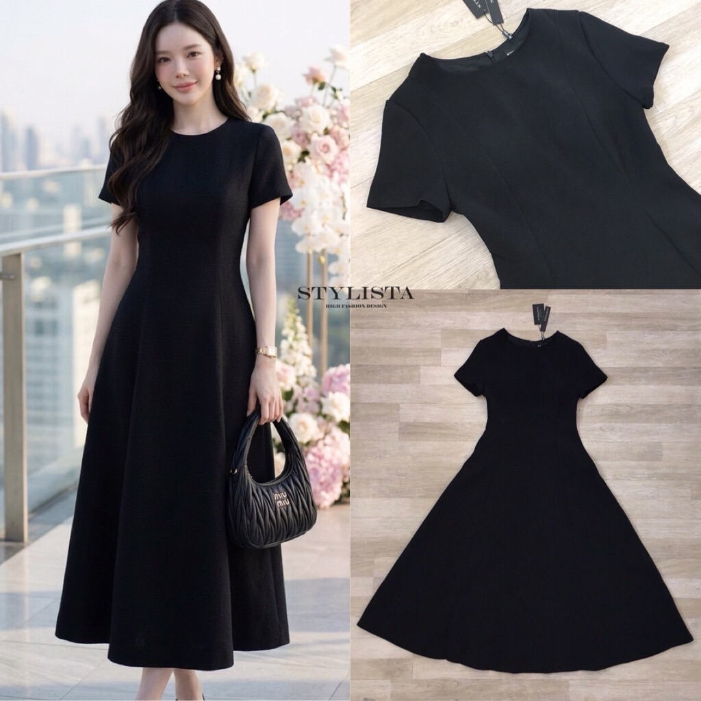 D5 งานป้าย Stylista Dress เดรสยาวแขนสั้น สีดำ สำหรับผู้หญิง เสื้อผ้าแฟชั่นผู้หญิง ไซส์ Xs-XL