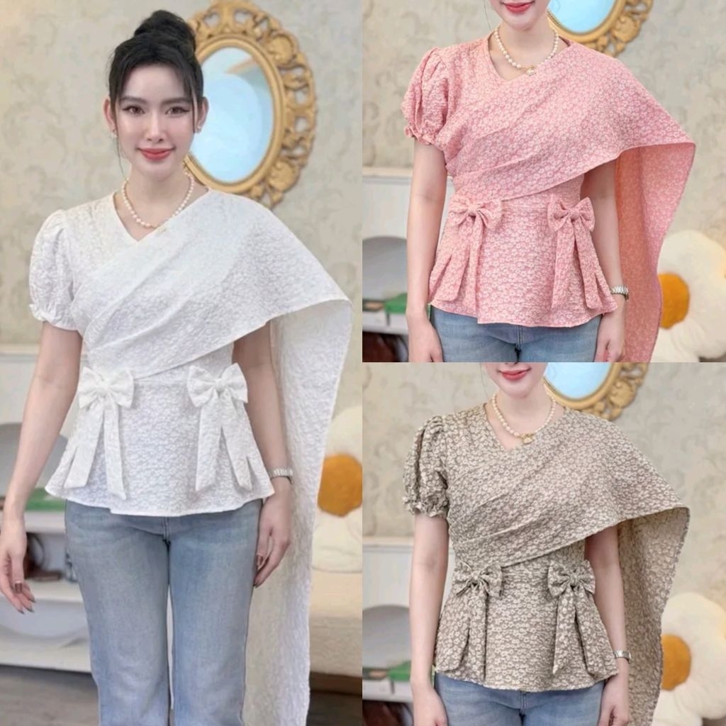 *อกเสื้อ 38/42 นิ้ว* เสื้อแต่งสไบ ผ้าทอนูน แขนสั้น แต่งโบว์เอว