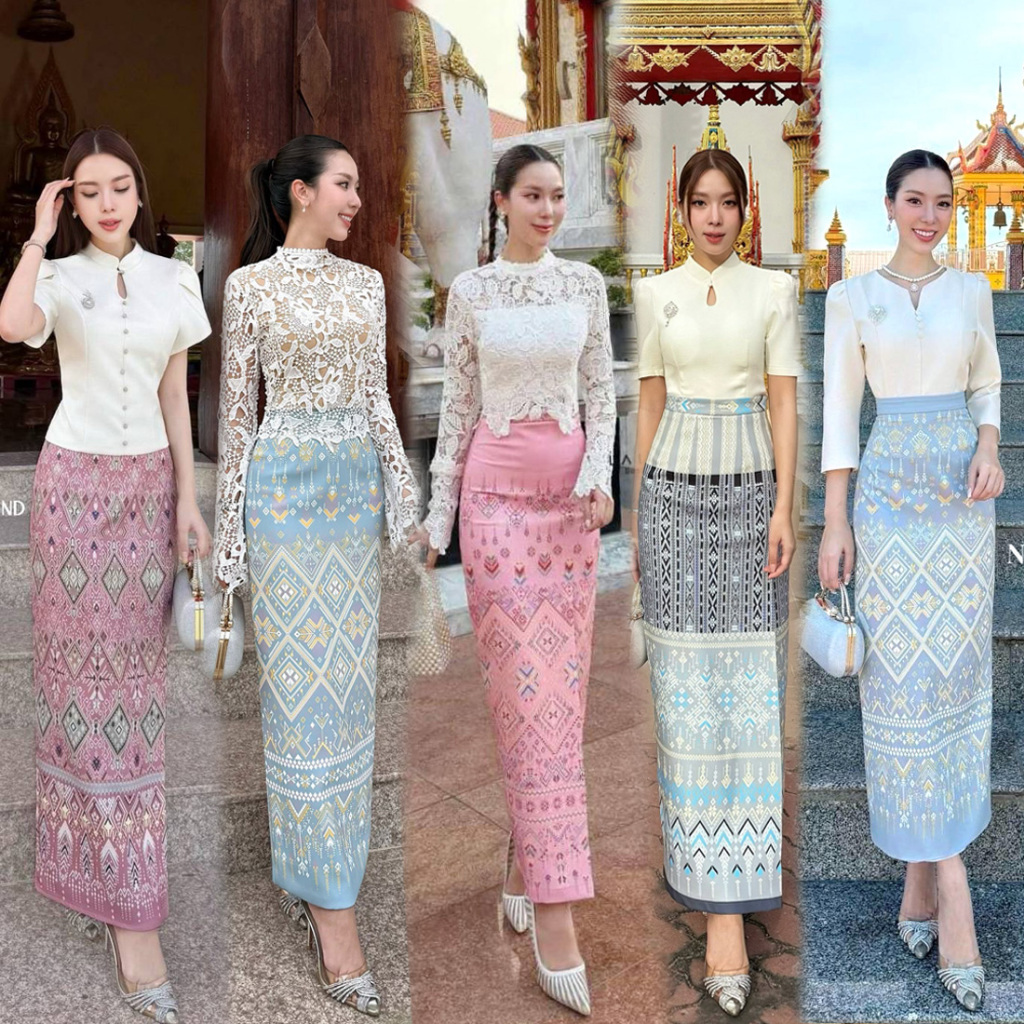 S-XXL ชุดไทยประยุกต์ใส่ทำบุญ เสื้อขาว/ครีม+ผ้าถุงพิมพ์ลายไทย เทา ฟ้า/เขียว/พีช/ทอง/ชมพู  ชุดไปงานแต่ง, งานบวช #Nabi