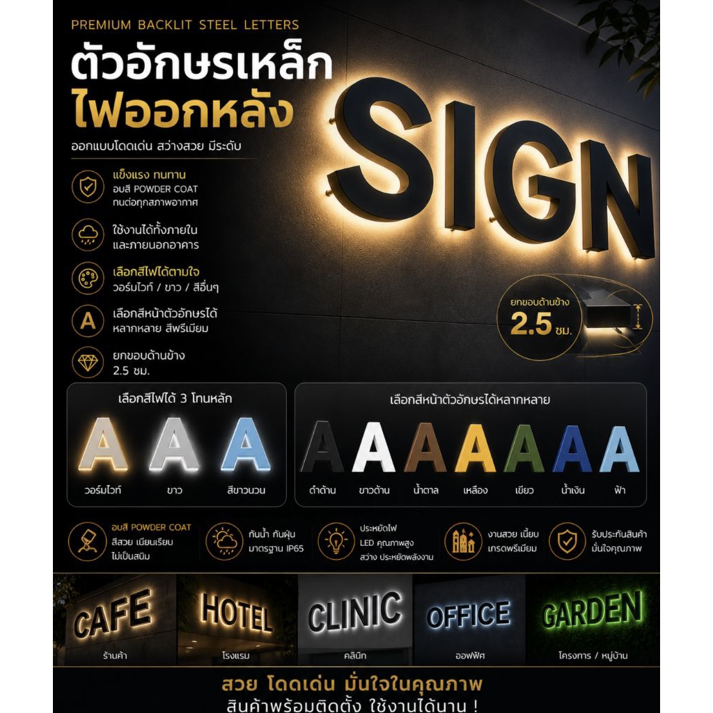 อักษรไฟออกหลัง ตัวหนังสือไฟ อักษรโลหะ ทำสีพาวเดอร์โค้ท ราคาต่อ1ตัวอักษร