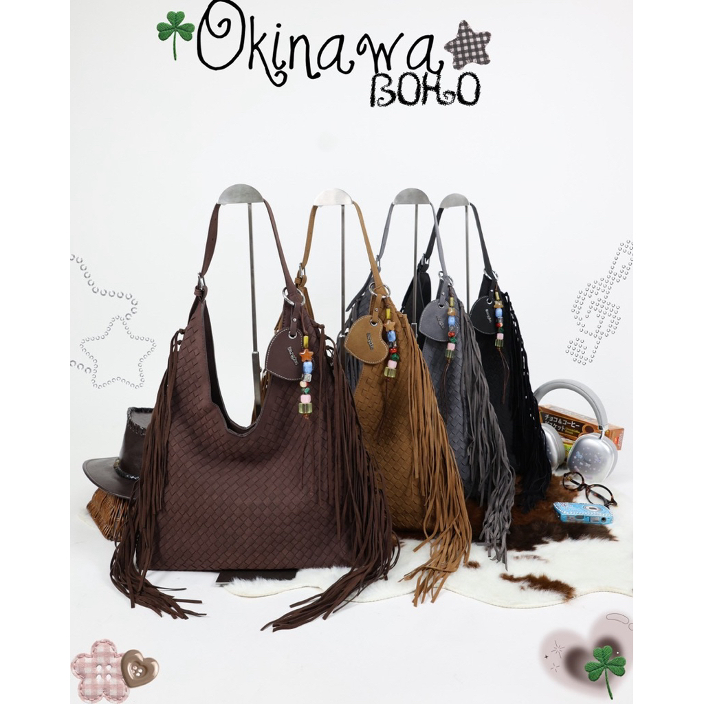 8anglesshop-🌊💫 Okinawa Boho bag ขนาด14 นิ้ว ใส่Ipad/A4ได้ หนังสานมือ Handmade🌙🛵  E051