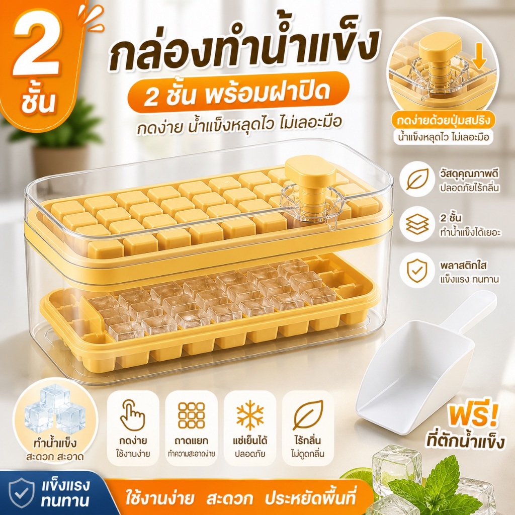 ถาดทำน้ำแข็ง 2 ชั้น พร้อมฝาปิด แถมฟรีพลั่ว/ที่หนีบ กล่องน้ำแข็งมีฝา แม่พิมพ์น้ำแข็ง เกรดอาหาร [COD]