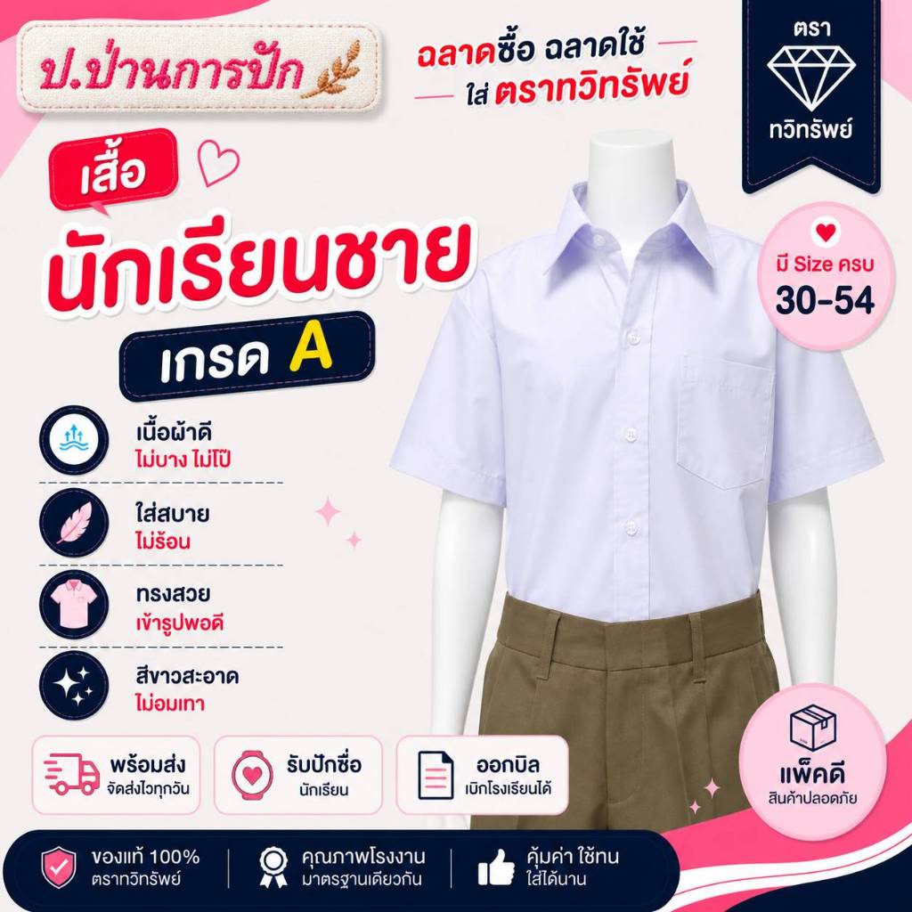 เกรด A เสื้อนักเรียนชาย ผ้าดี ตัดเย็บดี ปักชื่อได้ บิลเบิกได้