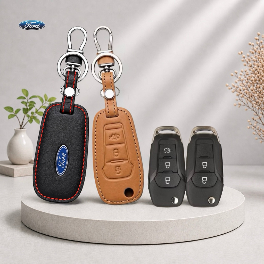 ซองหนังแท้ใส่กุญแจรีโมทรถยนต์ Ford Ranger,Everest 2015-21 รุ่นหนังนิ่ม โลโก้-ฟ้า