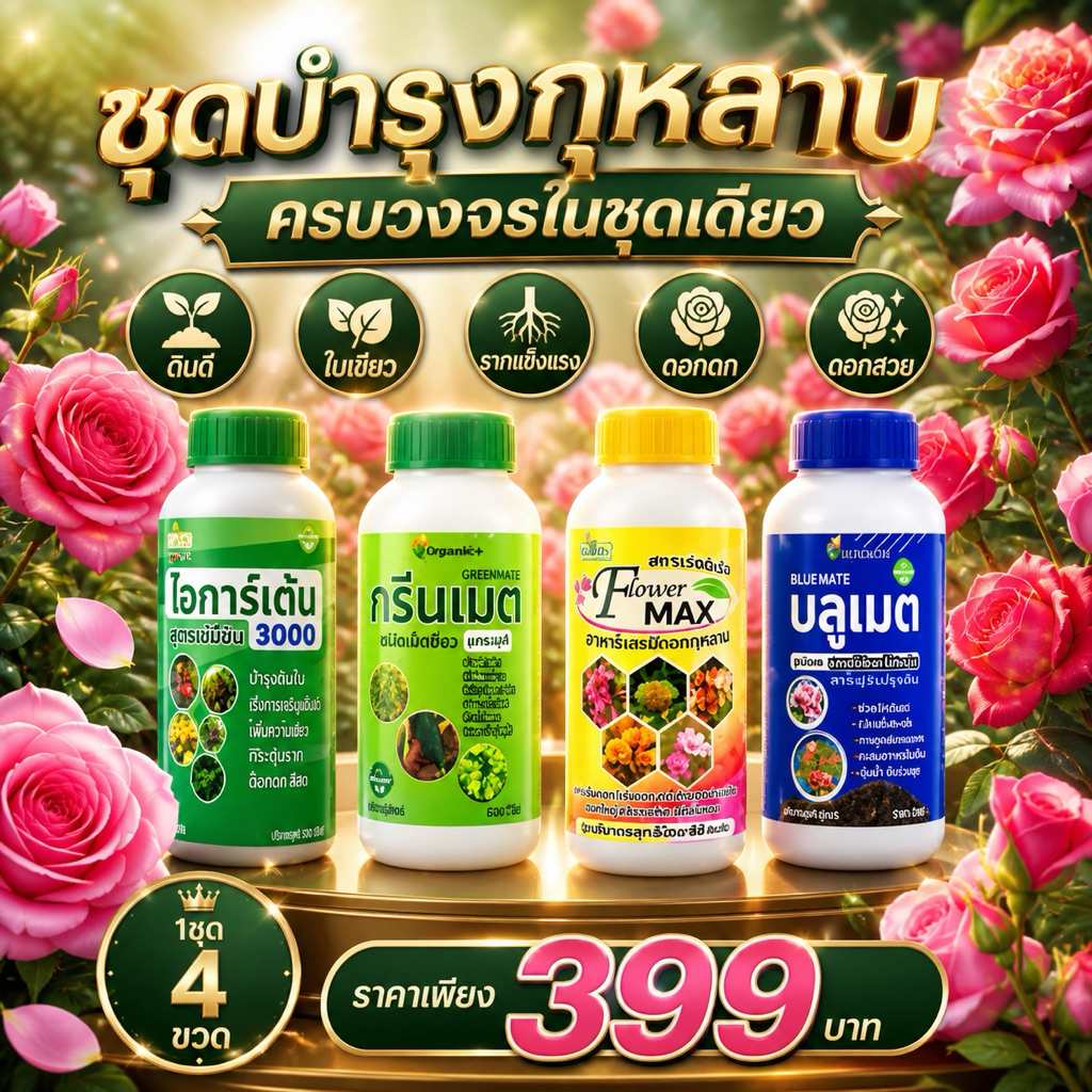 ชุดบำรุงกุหลาบ ครบวงจรในชุดเดียว  ดินดี ใบเขียว รากแข็งแรง ดอกดก ดอกสวย  1ชุด 4 ขวด