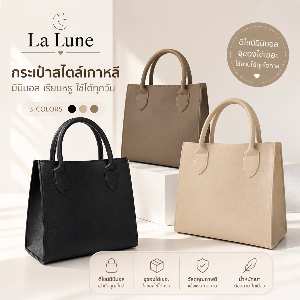 La Lune Kate กระเป๋าถือผู้หญิง กระเป๋าใส่เอกสาร หนัง PU ทรงเรียบหรู ใส่แท็บเล็ตได้ น้ำหนักเบา Made i