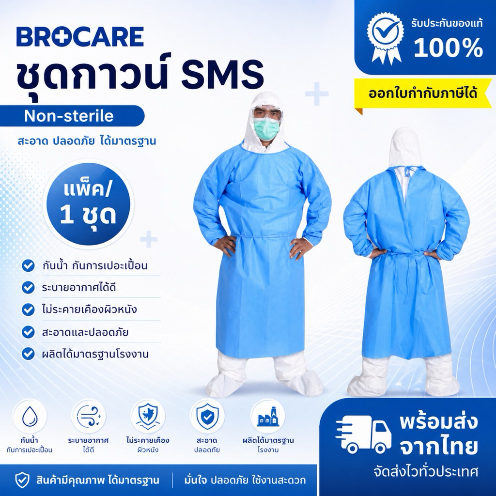 ชุดกาว์น ชุดปฏิบัติการ ชุดSMS ชุดป้องกันเชื้อโรค  อย.ไทย สะอาดปลอดภัยมาตรฐาน พร้อมส่ง