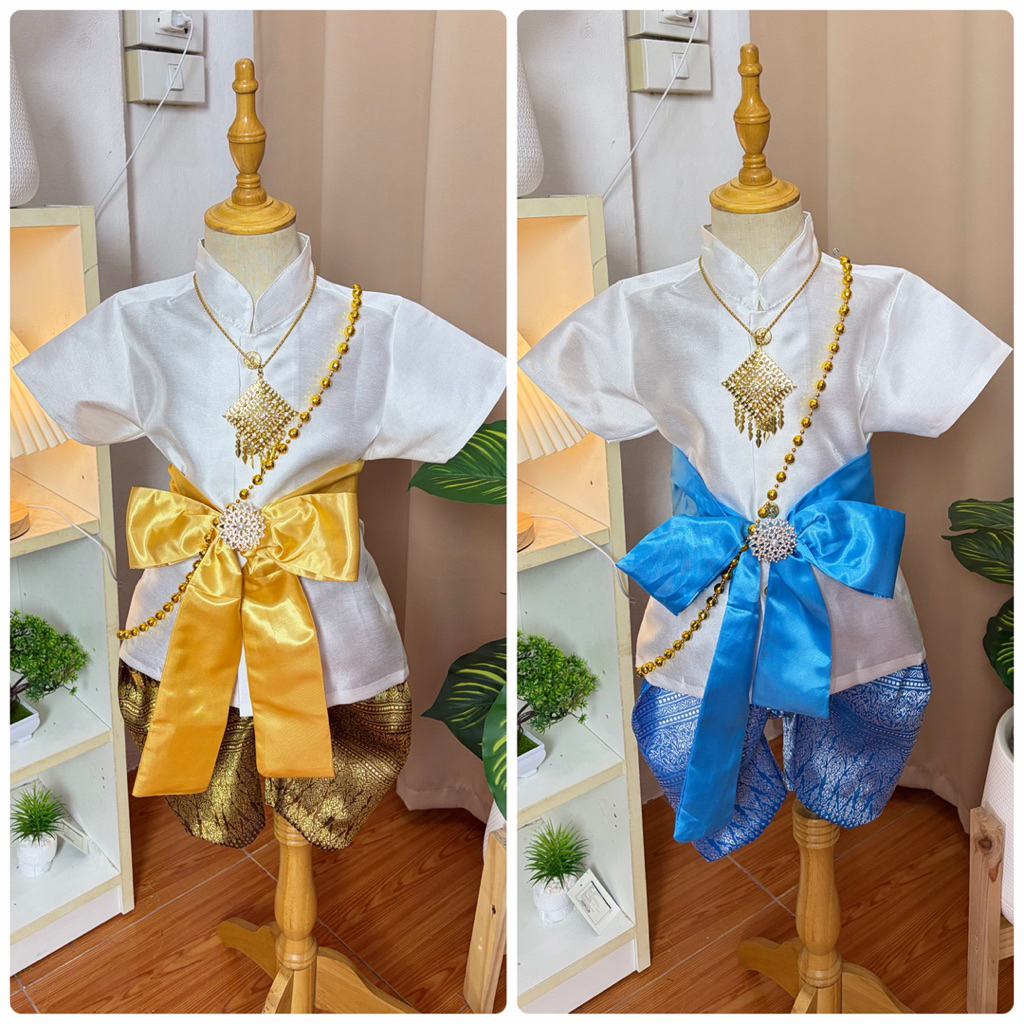 ชุดไทยเด็กผู้ชาย เสื้อผ้าไหมอิตาลีเนื้อไหม สีเทาอ่อน โจงกระเบนผ้าไหมไทย สีน้ำตาล ผ้าคาดเอวลายเดียวกับโจงกระเบน
