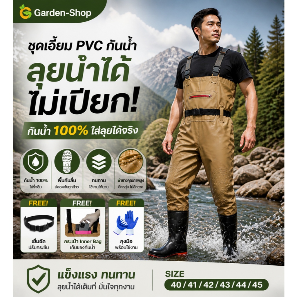 【COD】กางเกงบูทกันน้ำ PVC ชุดเอี๊ยมกันน้ำ ชุดกันน้ำ waterproof pants กางเกงทำสวน ทำไร่ ขนาด 40-45 แถมเข็มขัดรัด