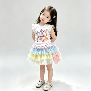 BB275 ชุดเด็กผู้หญิง ลายการ์ตูนน่ารักเสื้อแขนระบาย + กระโปรงฟูสายรุ้ง
