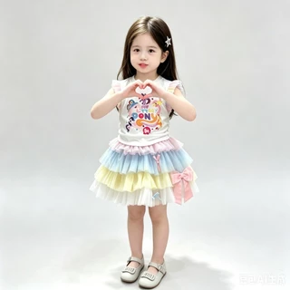 BB275 ชุดเด็กผู้หญิง ลายการ์ตูนน่ารักเสื้อแขนระบาย + กระโปรงฟูสายรุ้ง