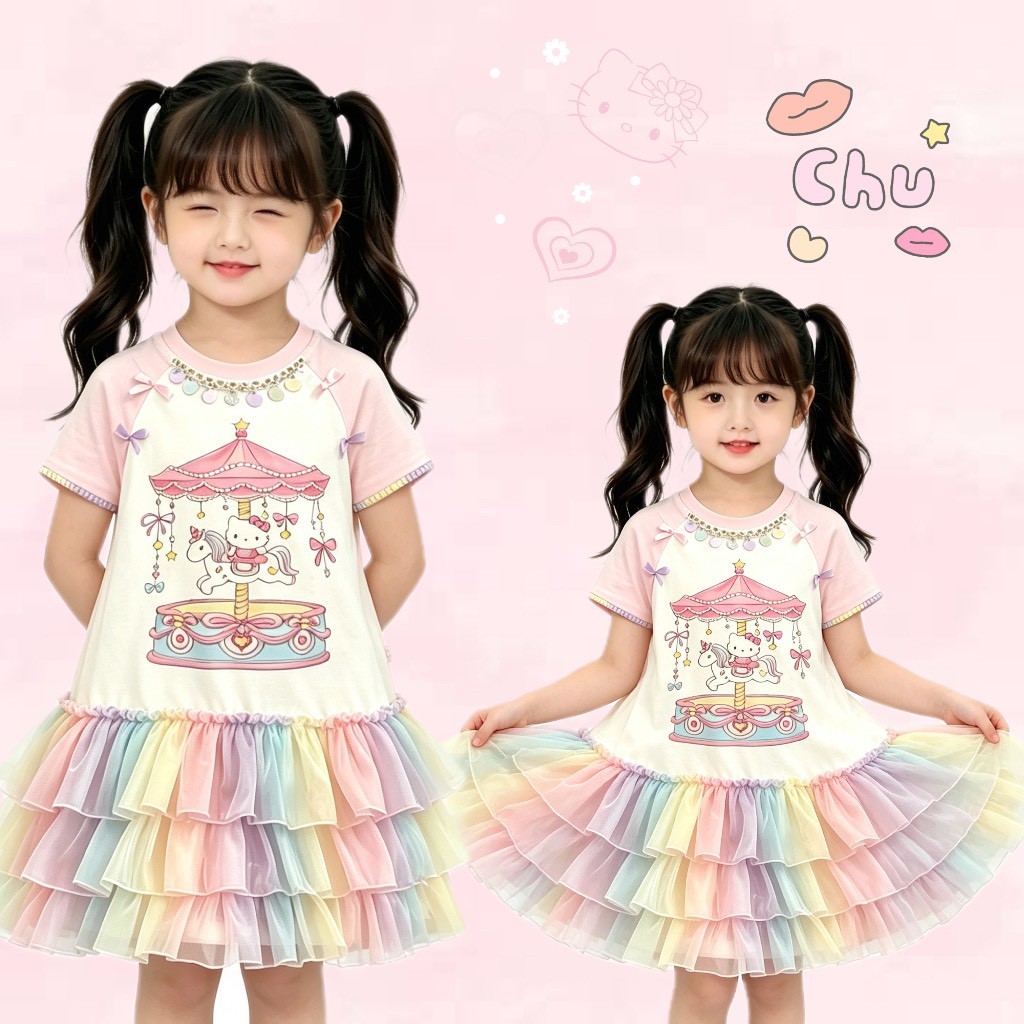 BB276 ชุดเดรสเด็กผู้หญิง ลายม้าหมุน กระโปรงฟูสายรุ้งพาสเทล