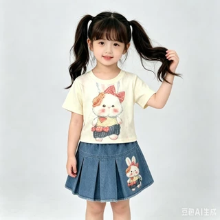 BB277 ชุดเด็กผู้หญิง เสื้อกระต่ายสุดคิ้วท์ + กระโปรงยีนส์พลีท(8685)