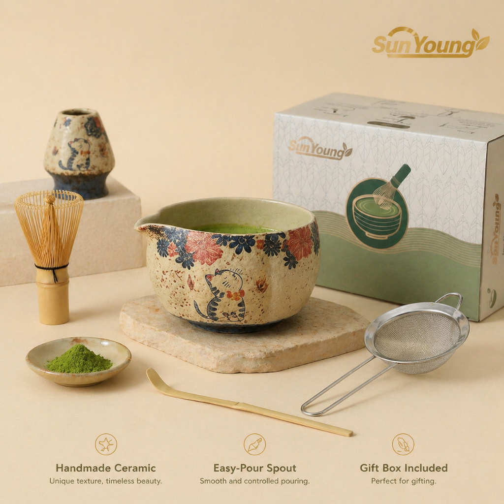 SunYoung Cat Matcha Set 🍵 ชุดถ้วยชงมัทฉะลายแมว 5 ชิ้น เซรามิก พร้อม Chasen Chashaku กล่องของขวัญ