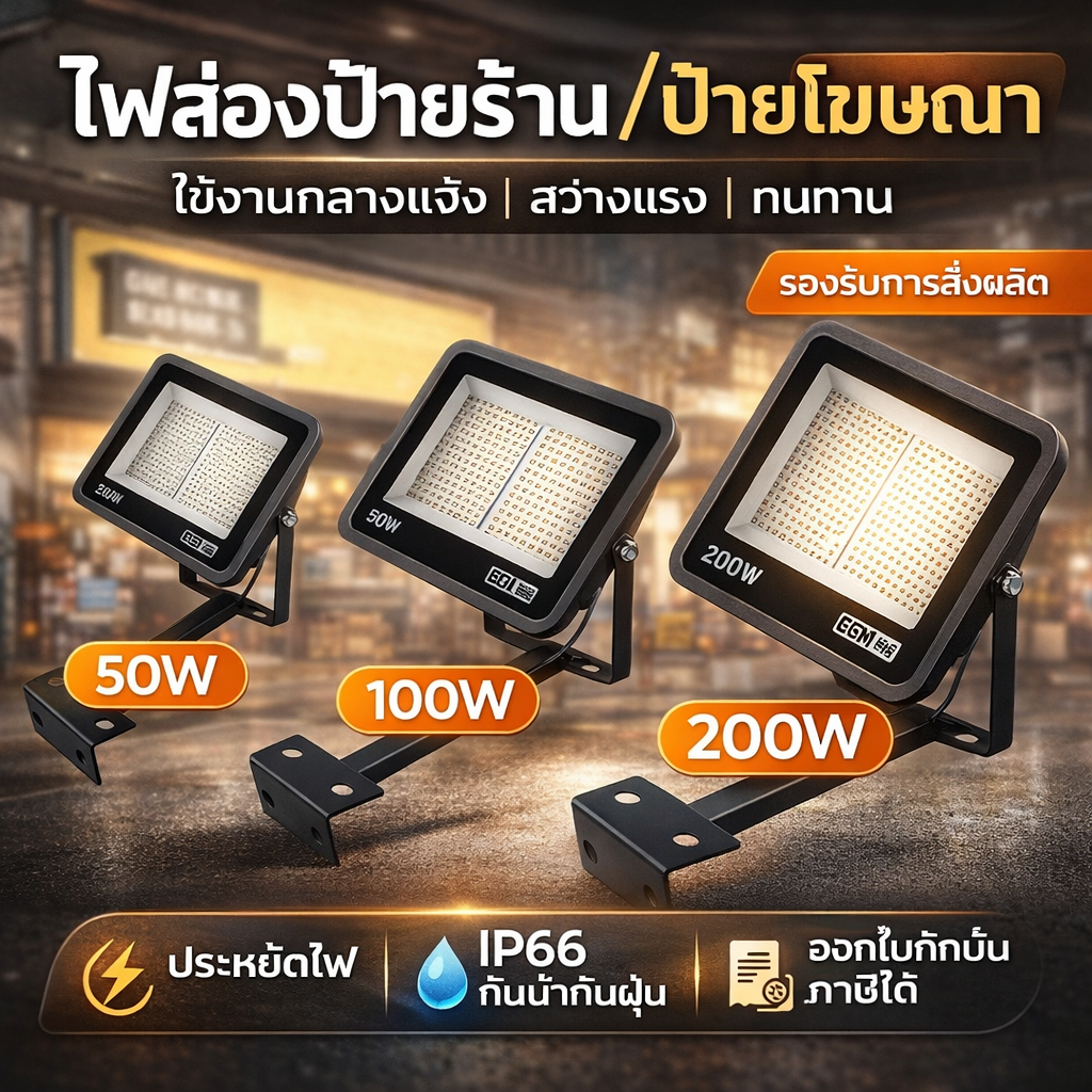 ไฟสปอร์ตไลท์ LED 50W-200W กันน้ำ IP66 แสงขาว/วอร์ม สว่างแรง ส่งไว