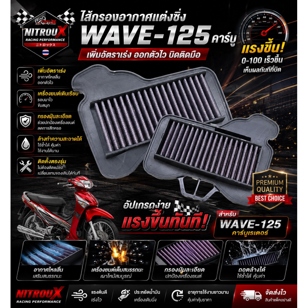 NitrouX ไส้กรองอากาศแต่งซิ่ง WAVE-125 คาร์บู เพิ่มแรงต้น เร่งไว ถอดล้างได้