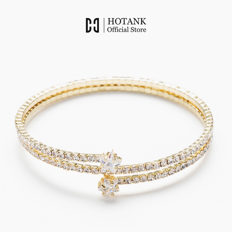 HOTANK สร้อยข้อมือ ประดับเพทาย สําหรับผู้หญิง สองชั้น สําหรับผู้หญิง แบบเปิด แฟชั่นสําหรับสตรี ปรับได้