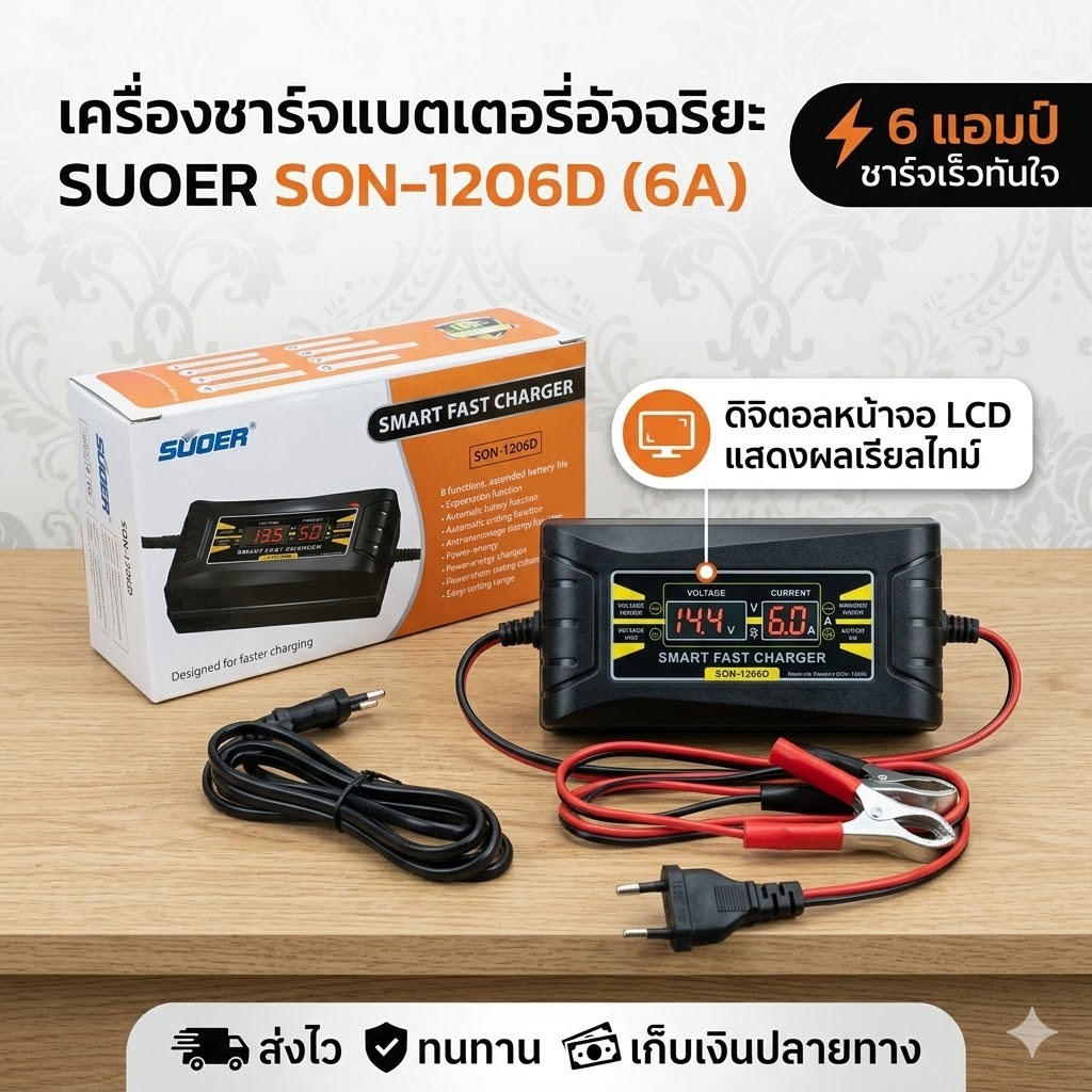 เครื่องชาร์จแบต เครื่องชาร์จแบตเตอรี่ดิจิตอล  6 แอมป์ SUOER (SON-1206D)