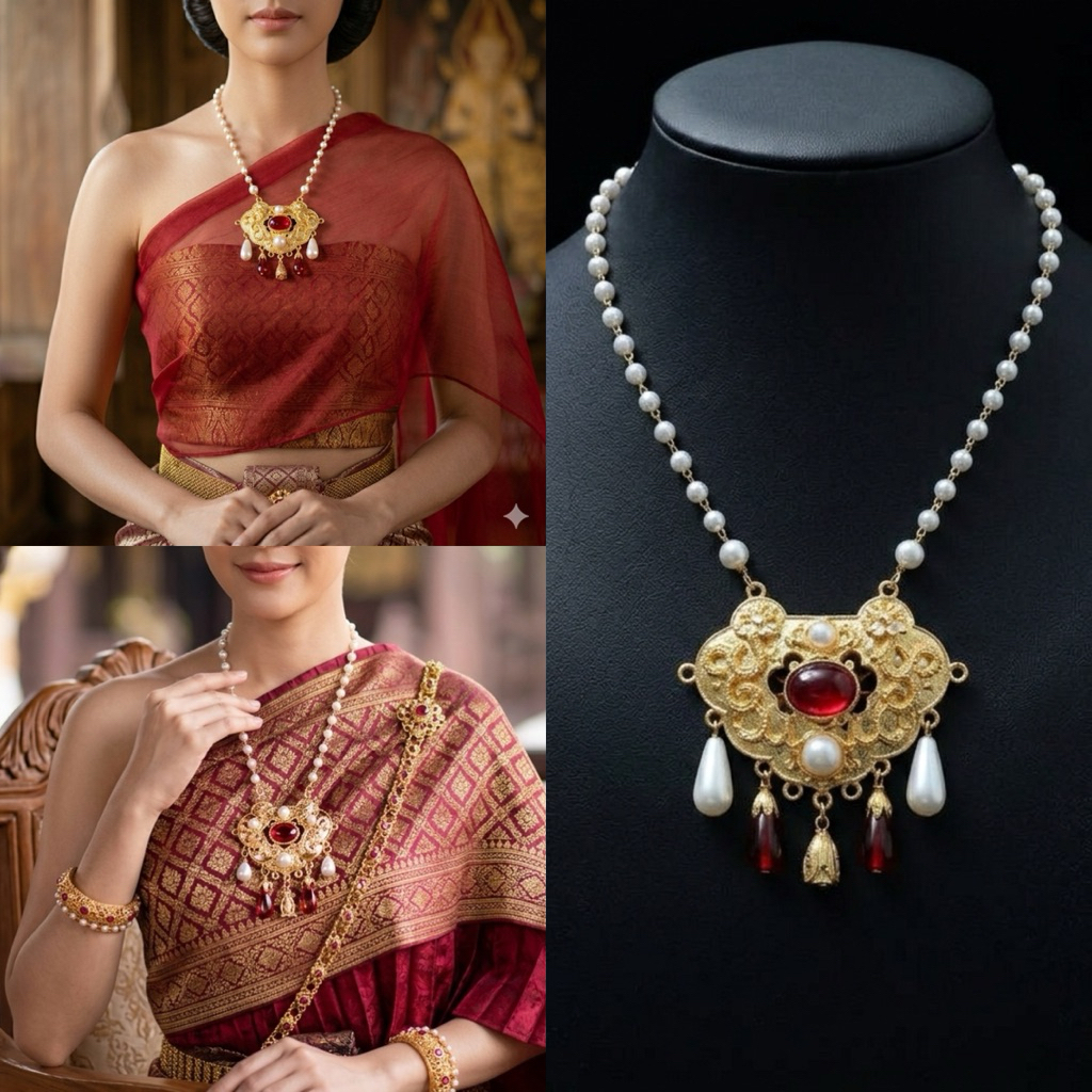 แฟชั่นย้อนยุค สร้อยคอใส่กับชุดไทย ประดับมุกหยดน้ำ น้ำหนักเบา