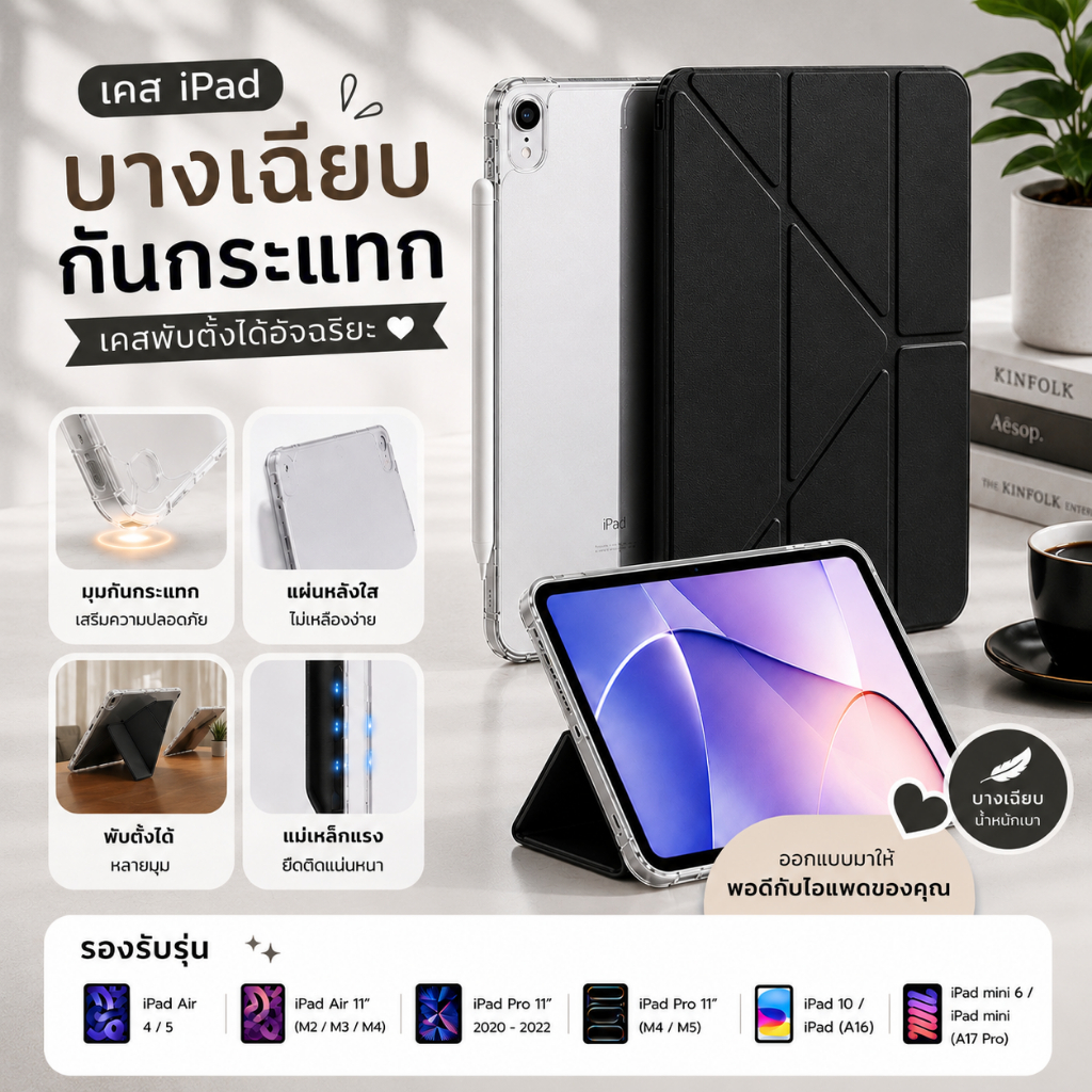 เคส iPad อะคริลิคใส แกนY ใหม่ล่าสุ For Gen11 A16/Gen10 iPad10 Pro11 M5/M4 Air11 Air4/510.9 Mini6/7 ทนต่อแรงกระแทกกันงอ
