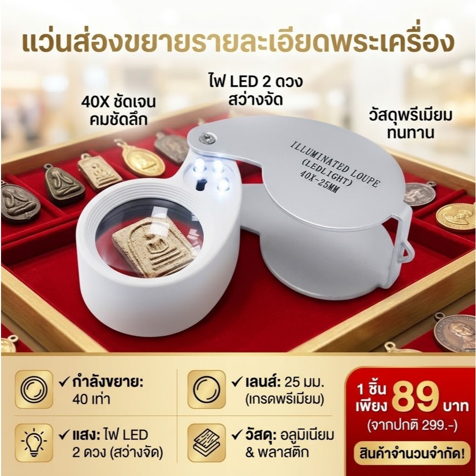 แว่นขยาย กล้องส่องพระเครื่อง เครื่องเพชร พลังซูม 40x มัไฟ LED ในตัว (พร้อมจัดส่ง)
