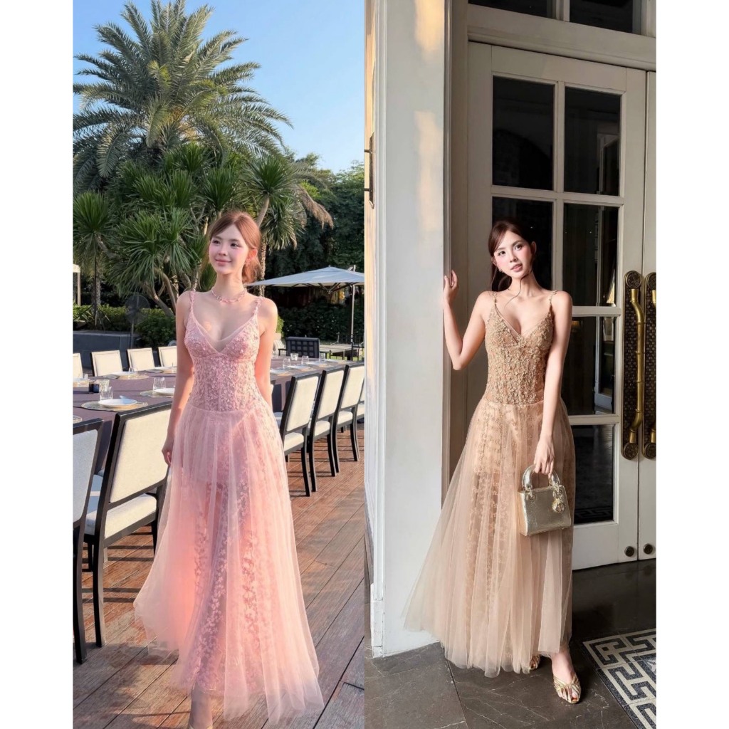 Tranali Brand: เดรสสายเดี่ยวปักดอกไม้ทั้งชุด ดีไซต์กระโปรงชั้นในสั้น ท็อปชั้นนอกผ้าซีทรู