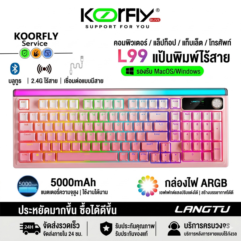 LANGTU L99 คีย์บอร์ดไร้สาย Mechanical Keyboard 3โหมด จอ LCD & Knob ไฟ RGB เสียงเงียบ Bluetooth/2.4G/