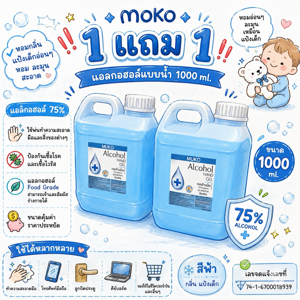 [ 1 แถม 1 แกลอน ]💠 MOKO 💠แอลกอฮอล์ 1000ml. Hand Spray แอลกอฮอล์ 75% ใช้พ่นทำความสะอาด โมโกะ