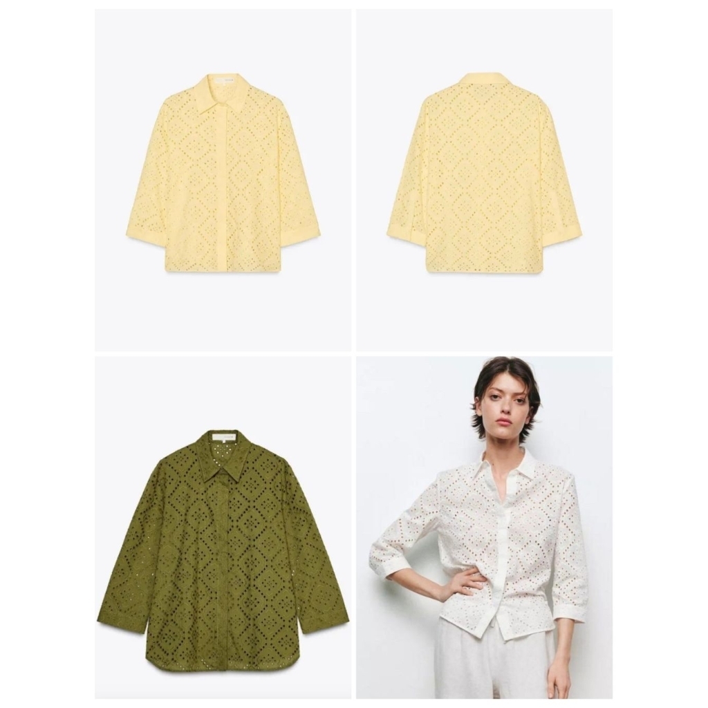 Za.r.a เสื้อเชิ้ต แขนสามส่วน ผ้าฝ้ายปักฉลุลาย