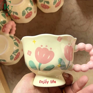 แก้วกาแฟ เซรามิก ลายดอกทิวลิป ที่จับมุก ดีไซน์เกาหลี สำหรับสาวออฟฟิศ แก้วมัค พร้อมกล่อง
