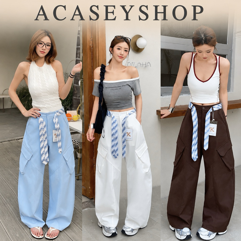 Acasey กางเกงขายาวผู้หญิง คาร์โก้ ทรงหลวมเกาหลี 9398#