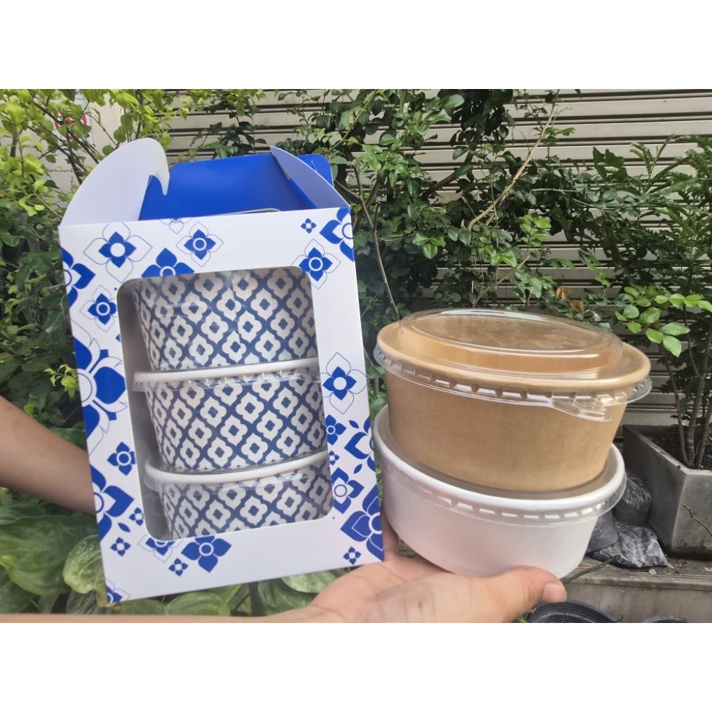 (เซต) ปิ่นโต3ชั้น กล่องคราม ชาม750ml ชามน้ำตาล,คราม,ขาว