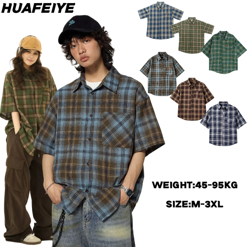 HFY เสื้อเชิ้ตแขนสั้นลําลอง ทรงหลวม สไตล์วินเทจ ลายสก๊อต แฟชั่นฤดูร้อน สไตล์ฮ่องกง แขนสั้น เสื้อเชิ้ต Unisex M-3XL