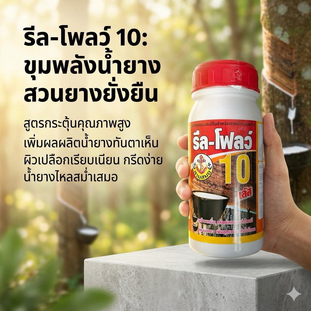 ยาเร่งน้ำยาง รีล-โฟลว์10% ฮอร์โมนกระตุ้นน้ำยางพารา ช่วยให้น้ำยางพาราไหลดี หน้ายางนิ่ม กรีดง่าย ต้นไม่โทรม ขนาด 500 ซีซี
