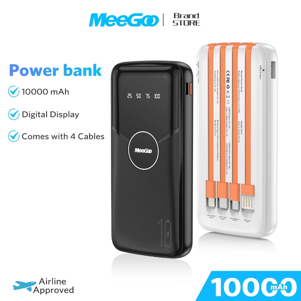MEEGOO พาวเวอร์แบงค์ 10000mAh มีสายในตัว 3 เสียง + ช่อง USB ใช้ชาร์จพร้อมกัน 4 เครื่อง หน้าจอแสดงพลังงาน พกพาได้บิน
