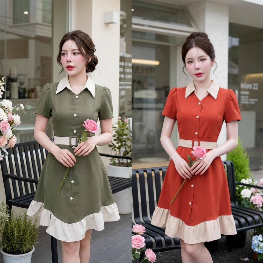 D135 เดรสชายระบายทูโทนครีมแต่งเข็มขัด ไซส์ S-3XL ความยาว 33-34 นิ้ว