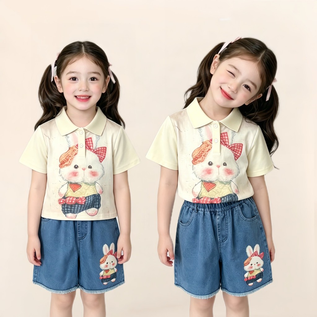 AY280 ชุดเด็กผู้หญิง เสื้อโปโลลายกระต่าย + กางเกงยีนส์ขาสั้น น่ารักสไตล์เกาหลี(8689)