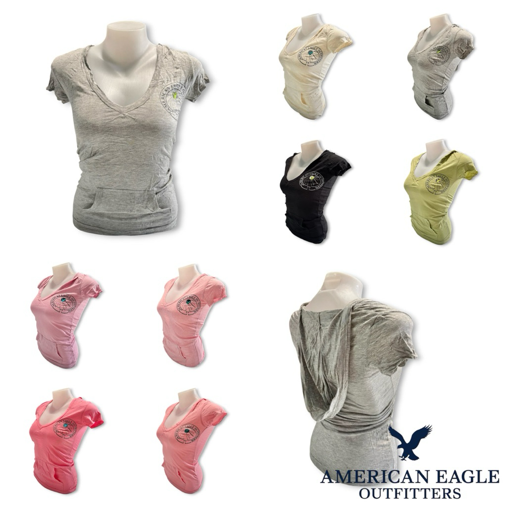 เสื้อยืด American Eagle (AEO) 🦅 XX68-B มีฮู้ด คอวี ทรงเข้ารูป (Slim Fit) สไตล์ Y2K แฟชั่นสายฝอ