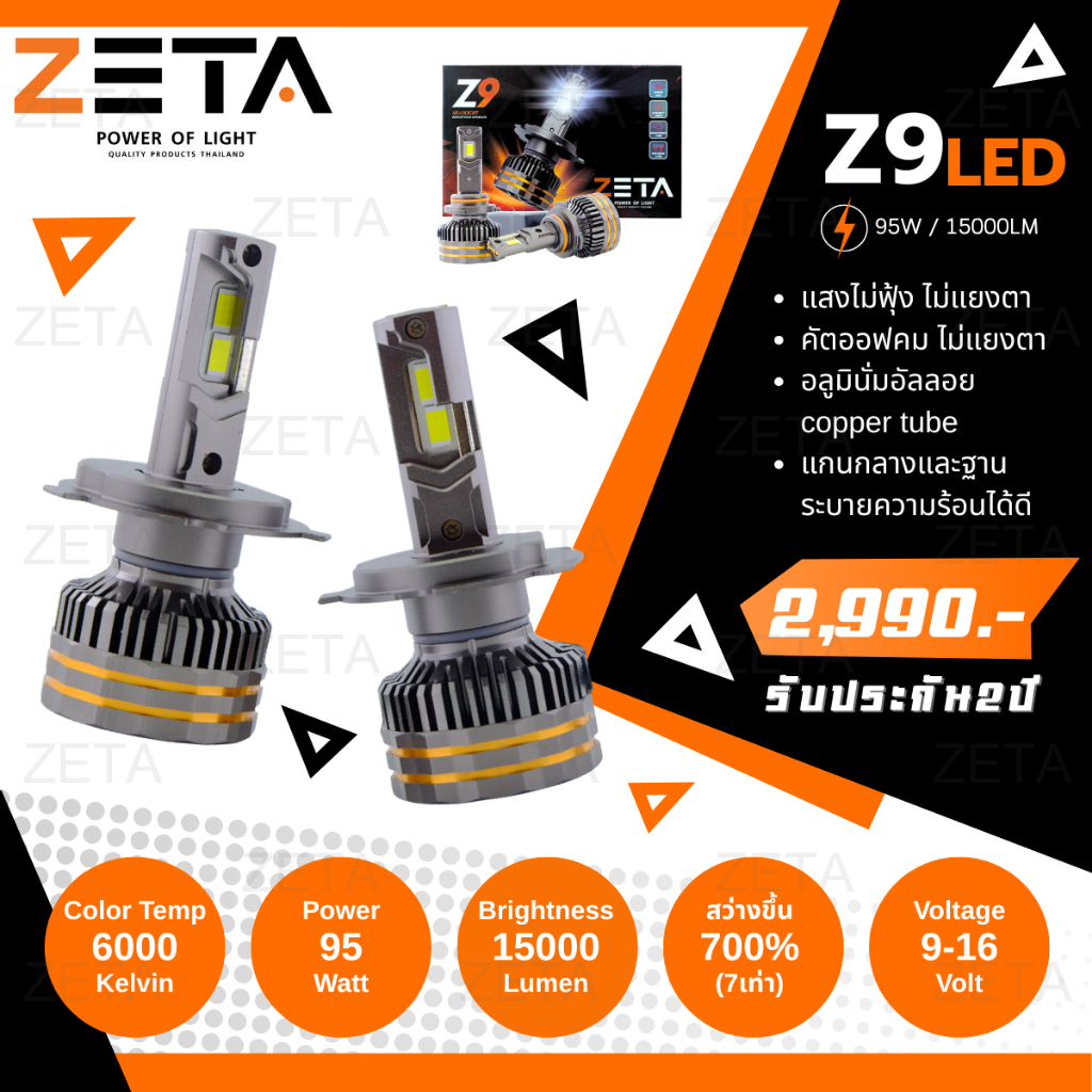หลอดไฟหน้า LED ZETA Z9 ไฟรถยนต์ 6000K สว่างกว่าหลอดเดิมๆ 700% สินค้ามีาการรับประกันนาน 2 ปี H1/H3/H4