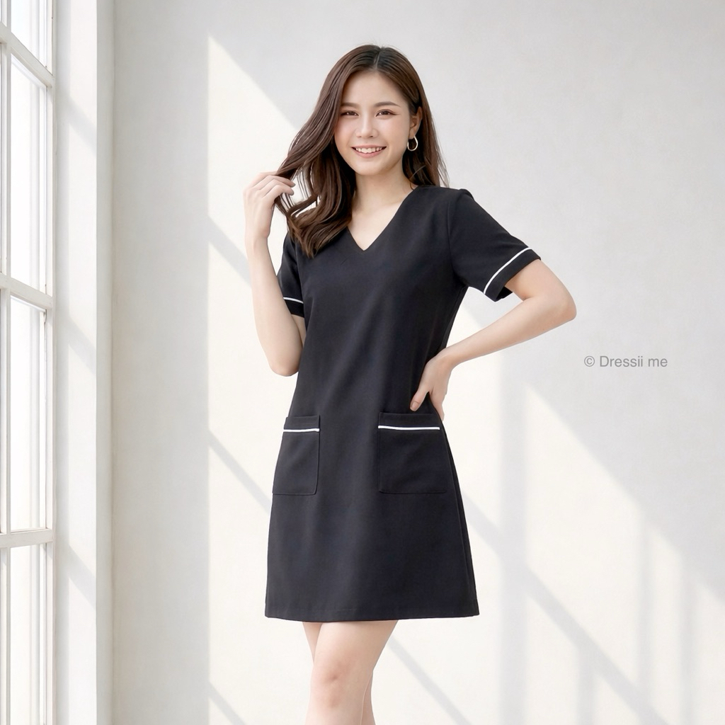 Dressii me :  Viizy Dress - New! ชุดเดรสทรงเอ คอวี มีกระเป๋า ตัดสีด้วยเส้นกุ้น