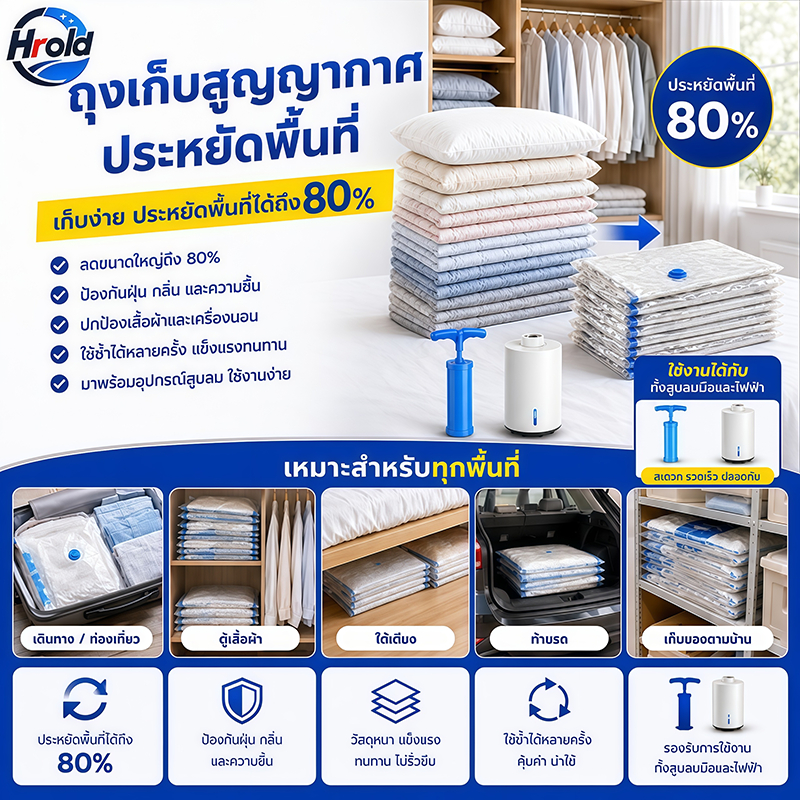 Hrold ถุงสูญญากาศ ประหยัดพื้นที่80% ซีลแน่น กันชื้น ใช้ซ้ำได้ รองรับปั๊มมือและไฟฟ้า