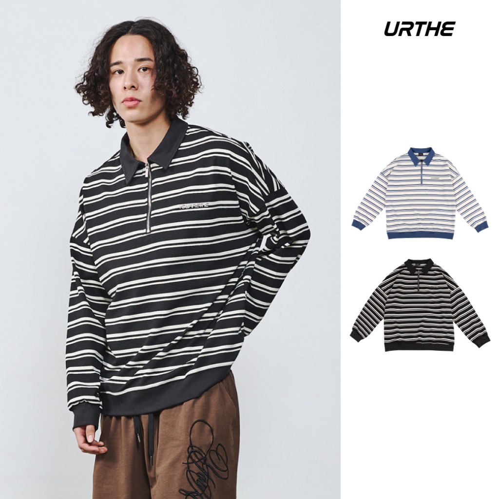 URTHE - เสื้อโปโล เสื้อแขนยาว Oversize รุ่น MODERN STRIPE LSLV POLO SHIRT