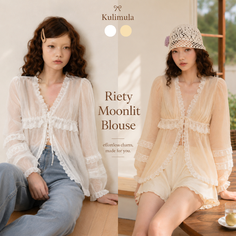 Kulimula - Riety Moonlit Blouse เสื้อคาร์ดิแกนขอบหยักลูกไม้ ทรงครอป V Neck แต่งชั้นหยัก สไตล์สวีท