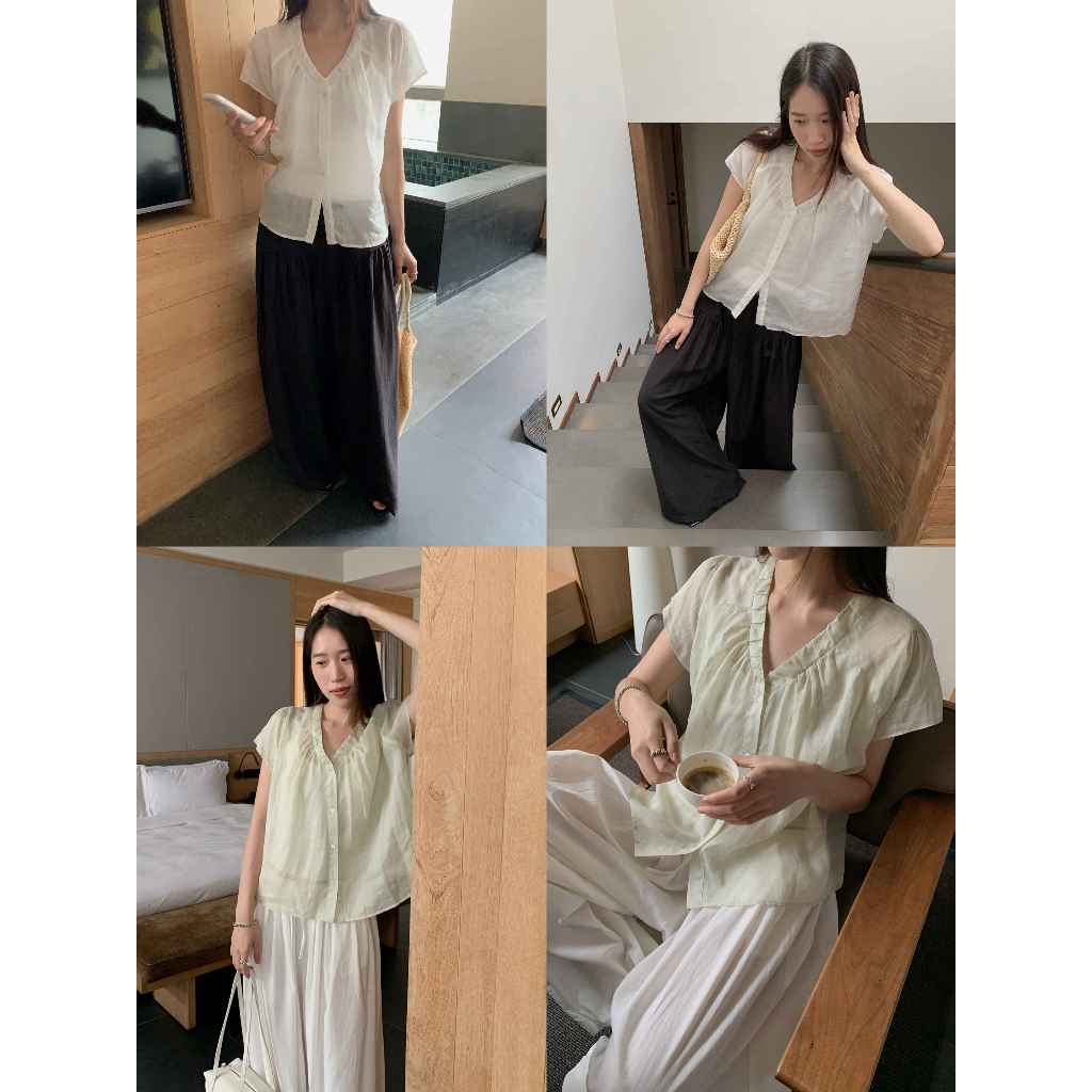 INBYIN - เสื้อคอวีกระดุมหน้าดีเทลจีบช่วงอก PURE SOFT BLOUSE - I3680