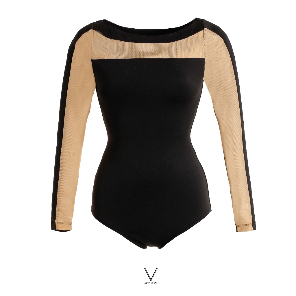 SS2026 NET STRIPE BODYSUIT ชุดว่ายน้ำ บอดี้สูทแขนยาว ตัดต่อผ้าตะข่าย มีฟองน้ำในตัวผ้าหนา กัน UV UPF 50+