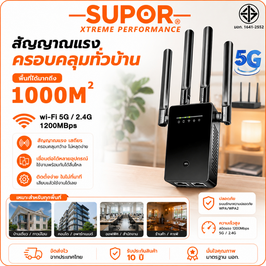 ดูแลหลังการขาย SUPOR ตัวดูดสัญญาณ wifi5GHz ตัวขยายสัญญาณwifi ตัวแรง รองรับ 5G 1200Mbps
