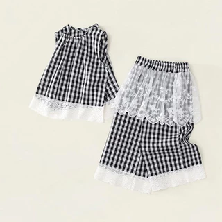 Hania kids พร้อมส่ง ชุดเซ็ต2ชิ้น ชุดคุณหนูวินเทจ ลายตารางสุดคลาสสิค - K5125688