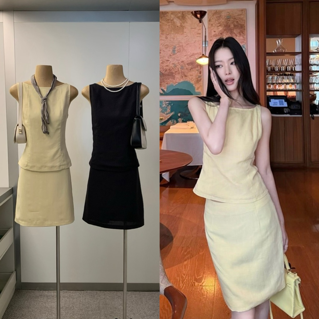 9621# Set 2 pcs เสื้อแขนกุดคอวี งานซิปข้าง + กระโปรงสั้น งานซิปข้าง มีซับในเนื้อผ้าดี ทรงสวย TAG:WG.WE 🇰🇷