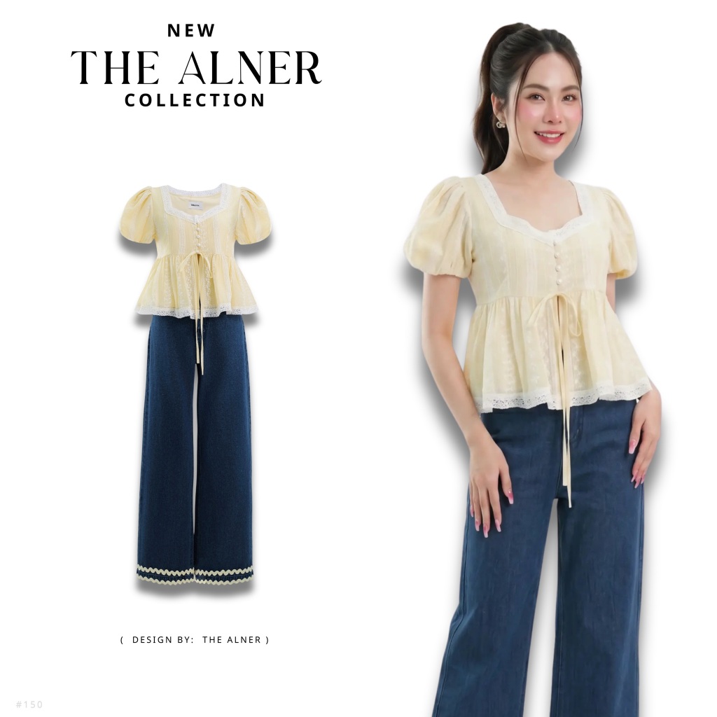 Thealner-AN150  เซตเสื้อเหลืองคอเหลี่ยมแขนตุ๊กตากางเกงขายาว