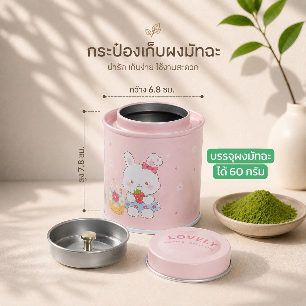 กระปุกเก็บมัทฉะ สกรีนกระต่าย สีชมพู ฝาสองชั้น ระบบสูญญากาศ ฟู้ดเกรด